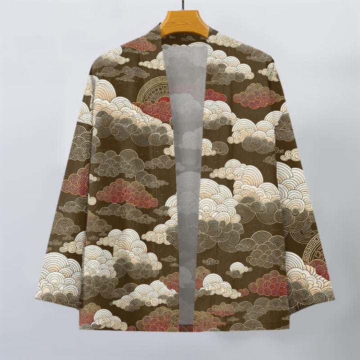 Buddha Stones Kimono de algodón con estampado de nubes y mareas auspiciosas y frente abierto para hombre - image 7