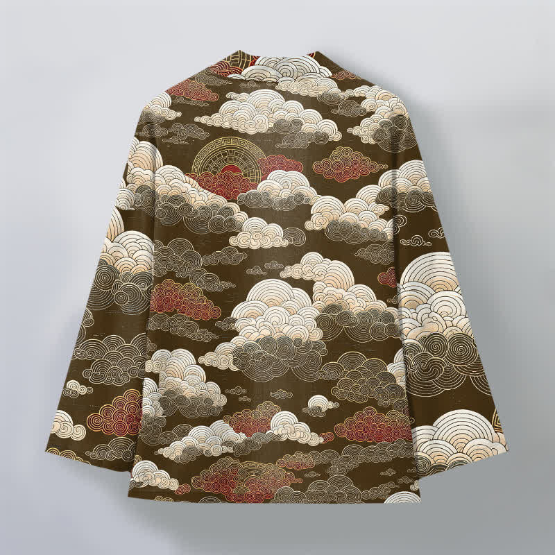 Buddha Stones Kimono de algodón con estampado de nubes y mareas auspiciosas y frente abierto para hombre - image 8