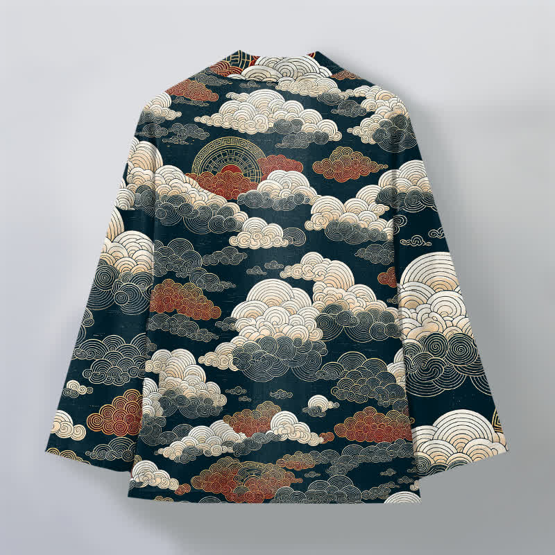 Buddha Stones Kimono de algodón con estampado de nubes y mareas auspiciosas y frente abierto para hombre - image 11