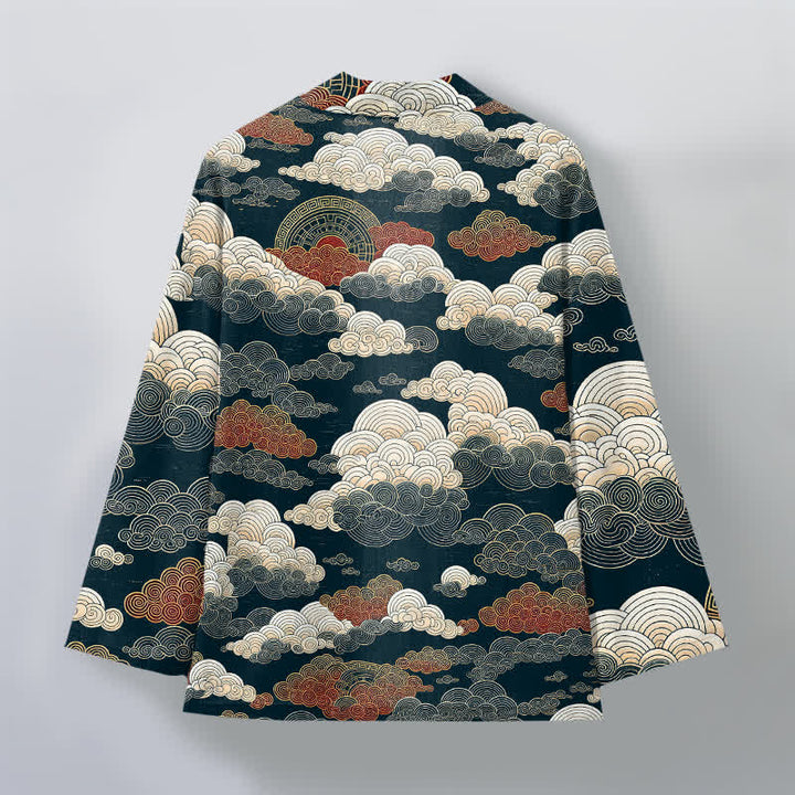 Buddha Stones Kimono de algodón con estampado de nubes y mareas auspiciosas y frente abierto para hombre - image 11