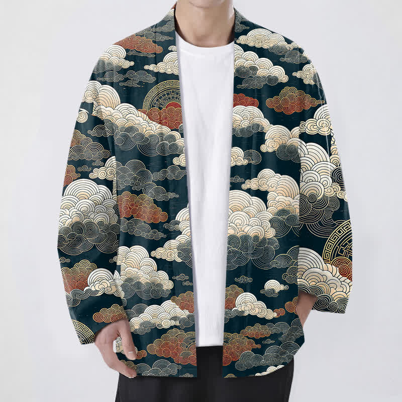 Buddha Stones Kimono de algodón con estampado de nubes y mareas auspiciosas y frente abierto para hombre - Marina de guerra - US/UK/AU48, UE58 (4XL) - image 9