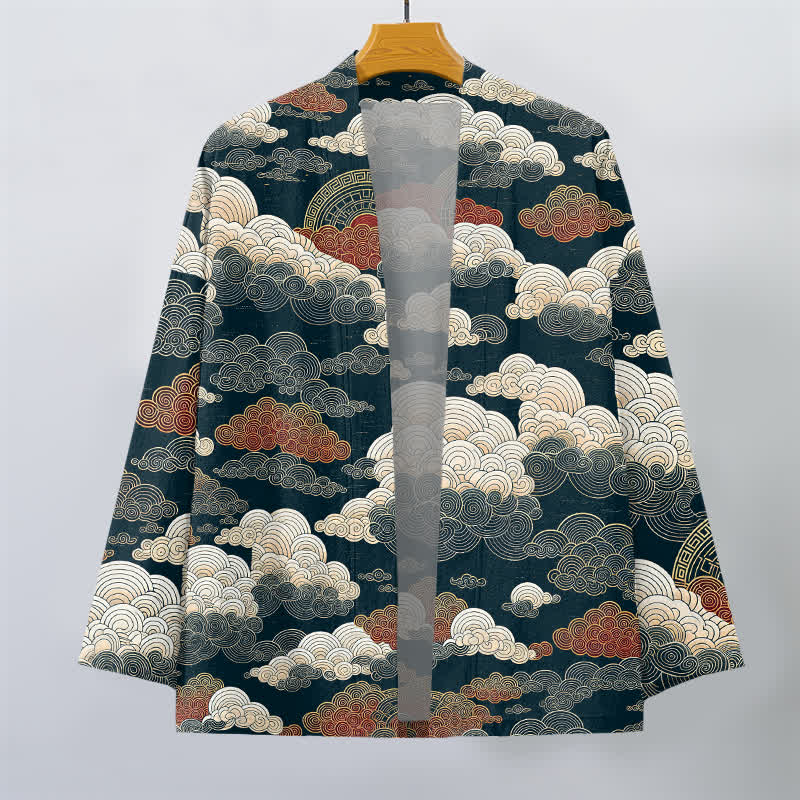Buddha Stones Kimono de algodón con estampado de nubes y mareas auspiciosas y frente abierto para hombre - image 10