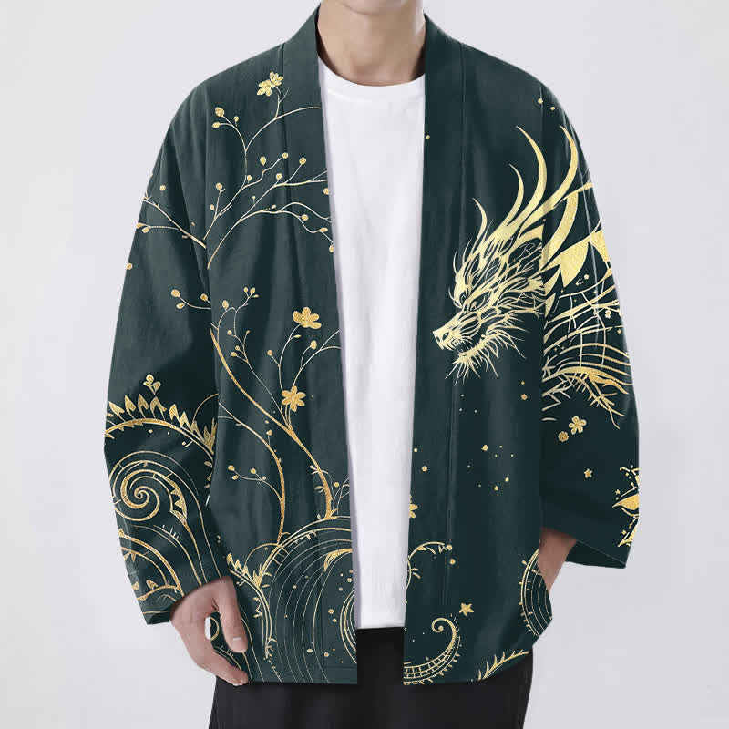 Buddha Stones Kimono de hombre con frente abierto y estampado floral de Cotton Dragon Tide - Verde azulado - US/UK/AU48, UE58 (4XL) - image 0