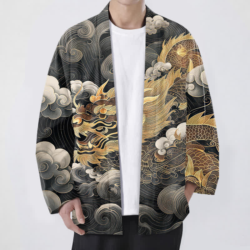Buddha Stones Kimono de algodón con estampado de dragón, nube y mar, de frente abierto para hombre. - Negro - US/UK/AU48, UE58 (4XL) - image 0