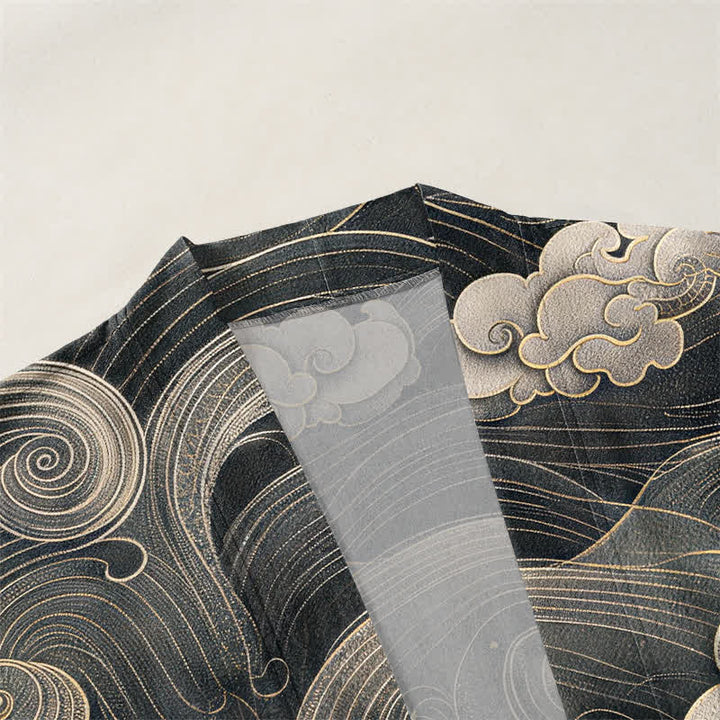 Buddha Stones Kimono de algodón con estampado de dragón, nube y mar, de frente abierto para hombre. - image 3
