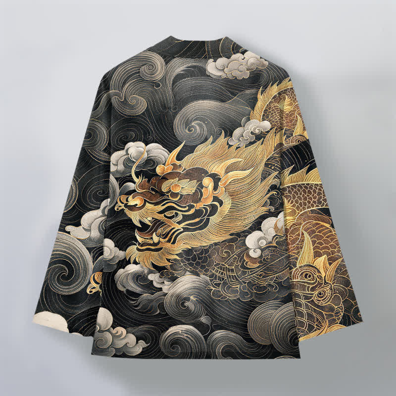 Buddha Stones Kimono de algodón con estampado de dragón, nube y mar, de frente abierto para hombre. - image 2