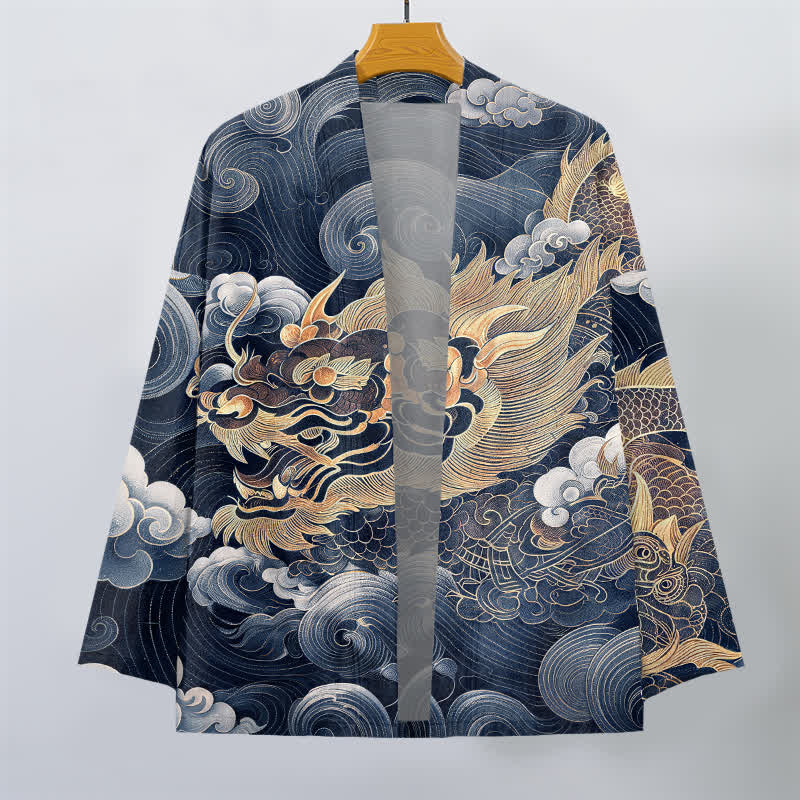 Buddha Stones Kimono de algodón con estampado de dragón, nube y mar, de frente abierto para hombre. - image 7