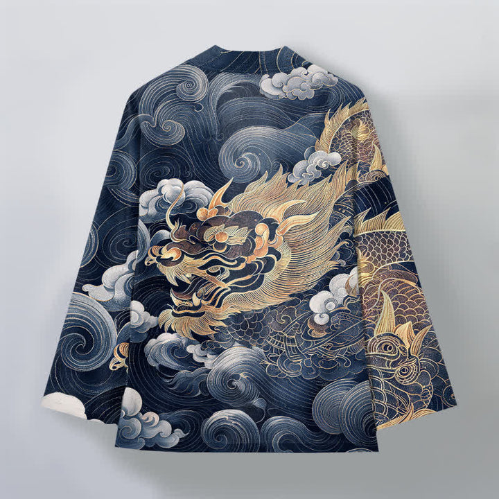 Buddha Stones Kimono de algodón con estampado de dragón, nube y mar, de frente abierto para hombre. - image 8