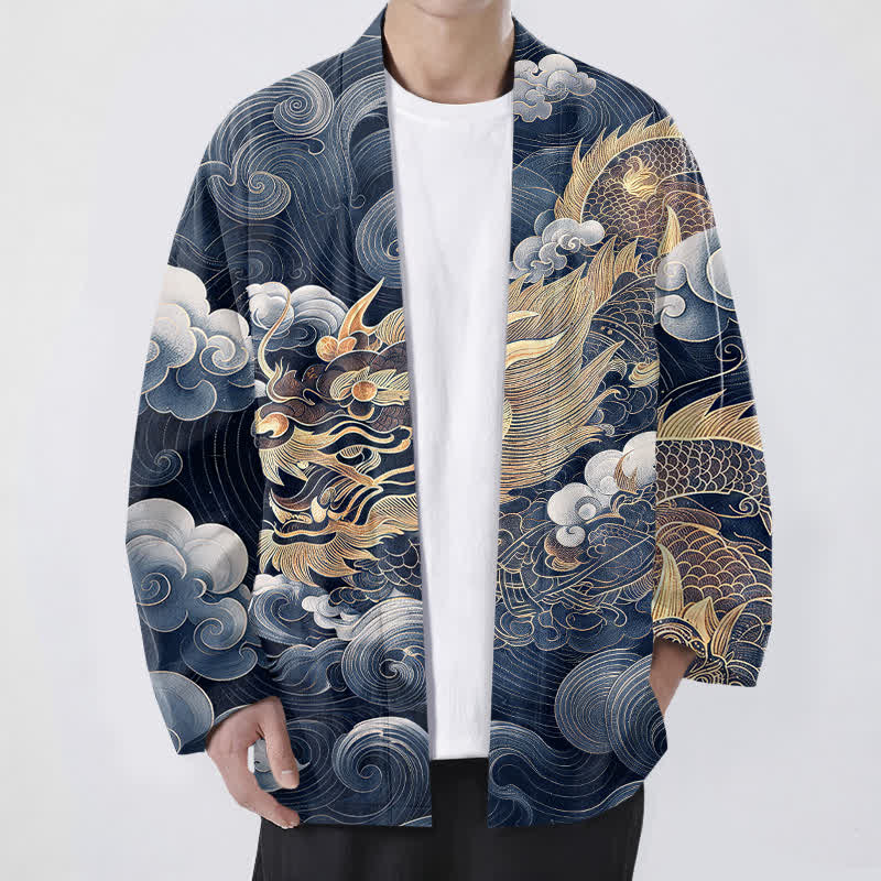 Buddha Stones Kimono de algodón con estampado de dragón, nube y mar, de frente abierto para hombre. - Marina de guerra - US/UK/AU48, UE58 (4XL) - image 6