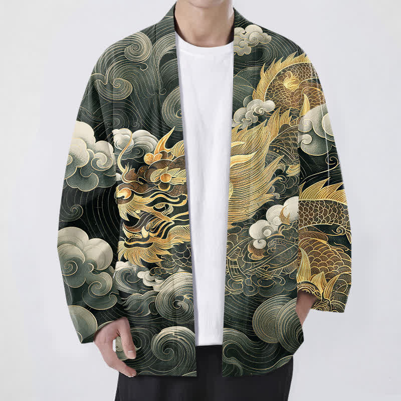 Buddha Stones Kimono de algodón con estampado de dragón, nube y mar, de frente abierto para hombre. - Verde oscuro - US/UK/AU48, UE58 (4XL) - image 9