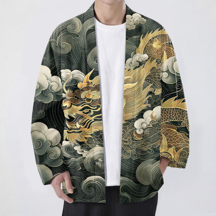 Buddha Stones Kimono de algodón con estampado de dragón, nube y mar, de frente abierto para hombre. - Verde oscuro - US/UK/AU48, UE58 (4XL) - image 9