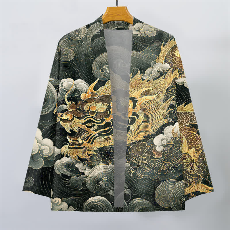Buddha Stones Kimono de algodón con estampado de dragón, nube y mar, de frente abierto para hombre. - image 10