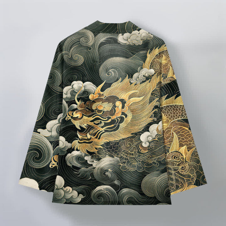 Buddha Stones Kimono de algodón con estampado de dragón, nube y mar, de frente abierto para hombre. - image 11
