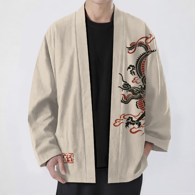 Buddha Stones Kimono de algodón negro con estampado de dragón rojo y frente abierto para hombre - Beige - US/UK/AU48, UE58 (4XL) - image 0