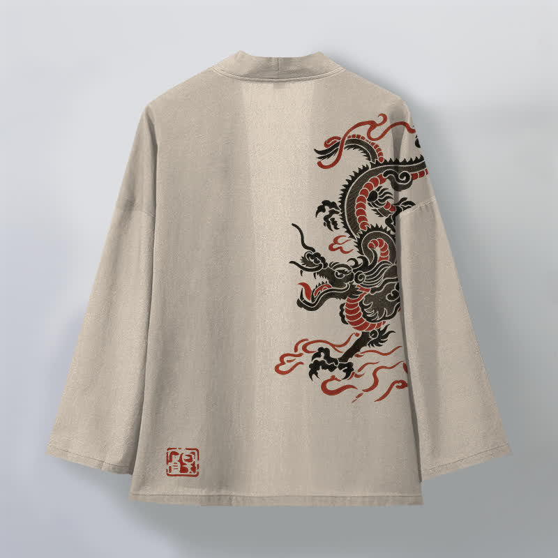 Buddha Stones Kimono de algodón negro con estampado de dragón rojo y frente abierto para hombre - image 2