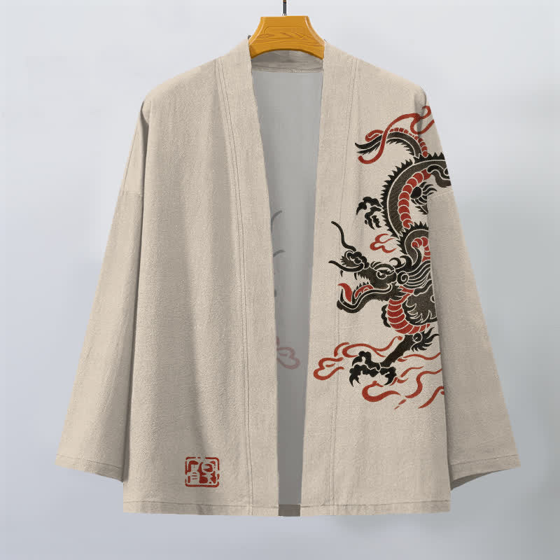 Buddha Stones Kimono de algodón negro con estampado de dragón rojo y frente abierto para hombre - image 1