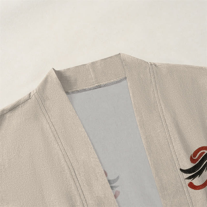 Buddha Stones Kimono de algodón negro con estampado de dragón rojo y frente abierto para hombre - image 3
