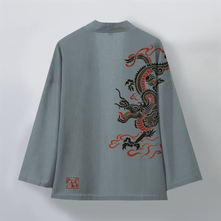Buddha Stones Kimono de algodón negro con estampado de dragón rojo y frente abierto para hombre - image 8