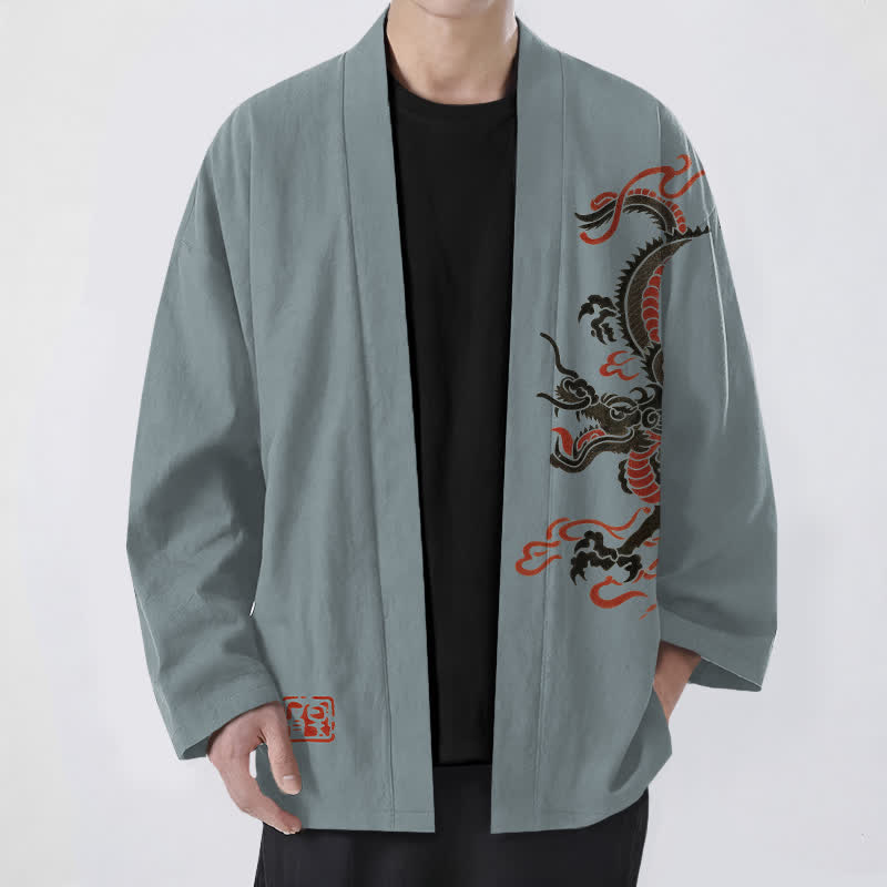Buddha Stones Kimono de algodón negro con estampado de dragón rojo y frente abierto para hombre - Azul cadete - US/UK/AU48, UE58 (4XL) - image 6