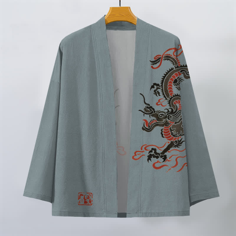 Buddha Stones Kimono de algodón negro con estampado de dragón rojo y frente abierto para hombre - image 7