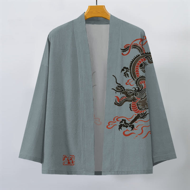 Buddha Stones Kimono de algodón negro con estampado de dragón rojo y frente abierto para hombre - image 7