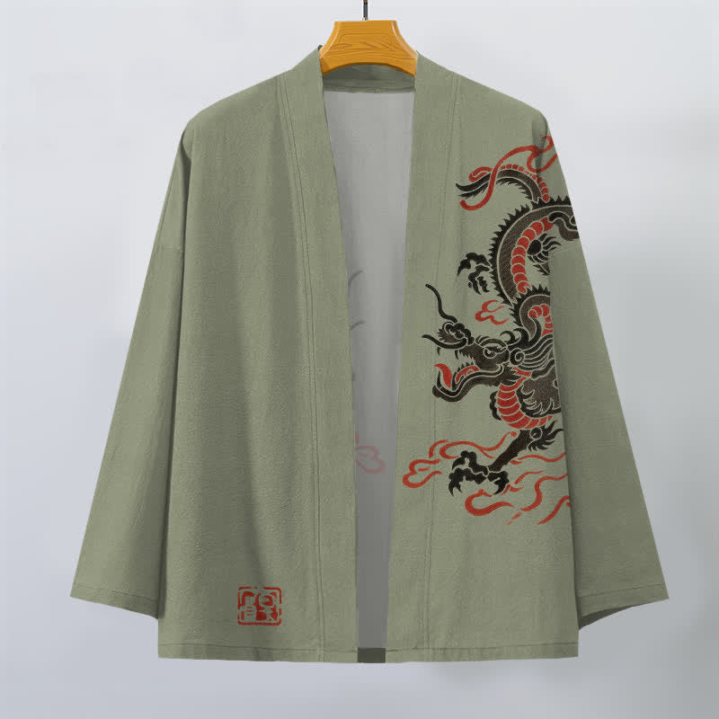 Buddha Stones Kimono de algodón negro con estampado de dragón rojo y frente abierto para hombre - image 10