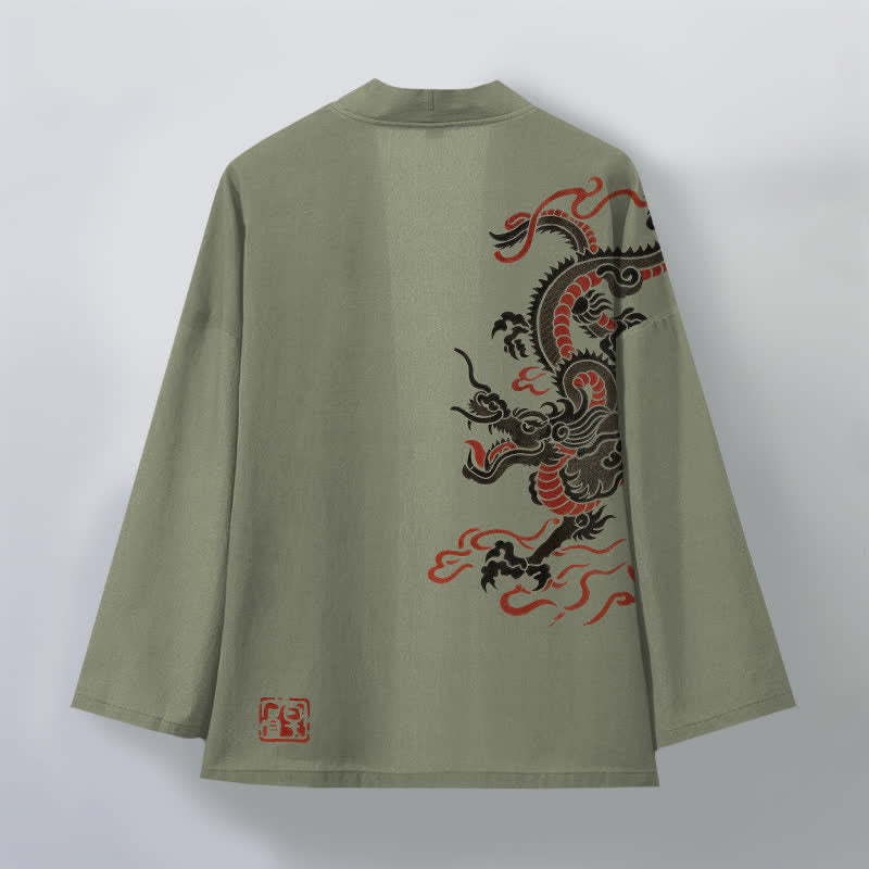 Buddha Stones Kimono de algodón negro con estampado de dragón rojo y frente abierto para hombre - image 11