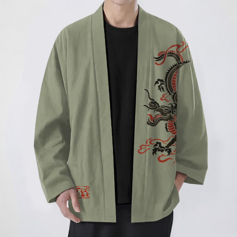 Buddha Stones Kimono de algodón negro con estampado de dragón rojo y frente abierto para hombre - Verde oliva - US/UK/AU48, UE58 (4XL) - image 9