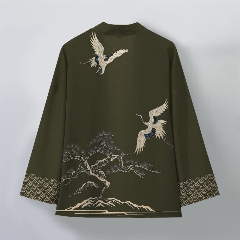 Buddha Stones Kimono de hombre con frente abierto y estampado de paisaje de pinos y grullas de algodón. - image 2