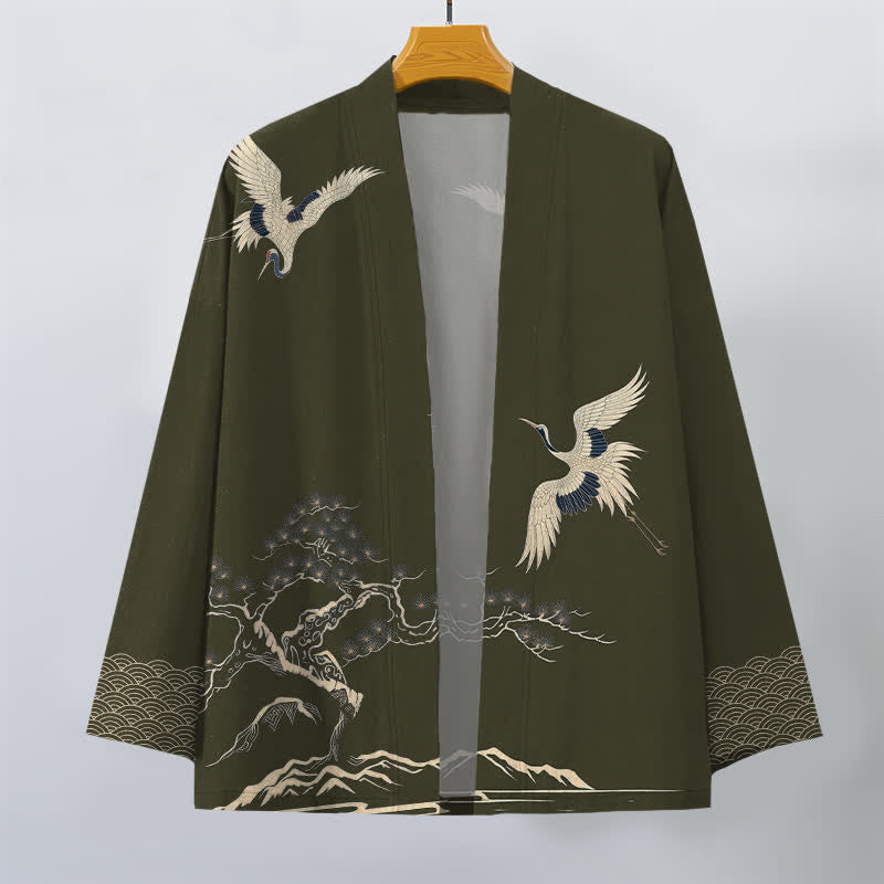 Buddha Stones Kimono de hombre con frente abierto y estampado de paisaje de pinos y grullas de algodón. - image 1