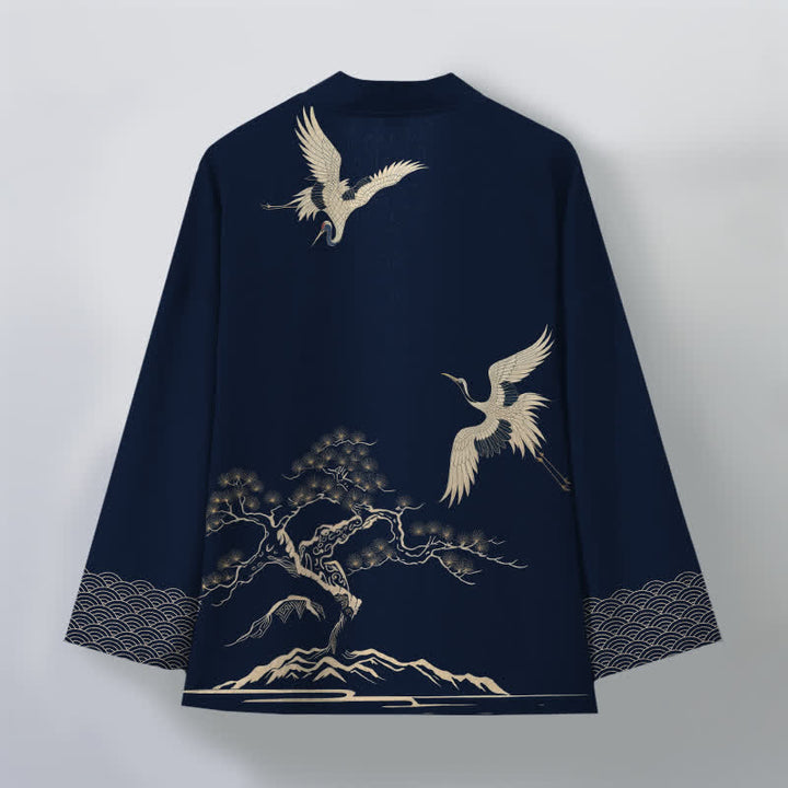 Buddha Stones Kimono de hombre con frente abierto y estampado de paisaje de pinos y grullas de algodón. - image 8