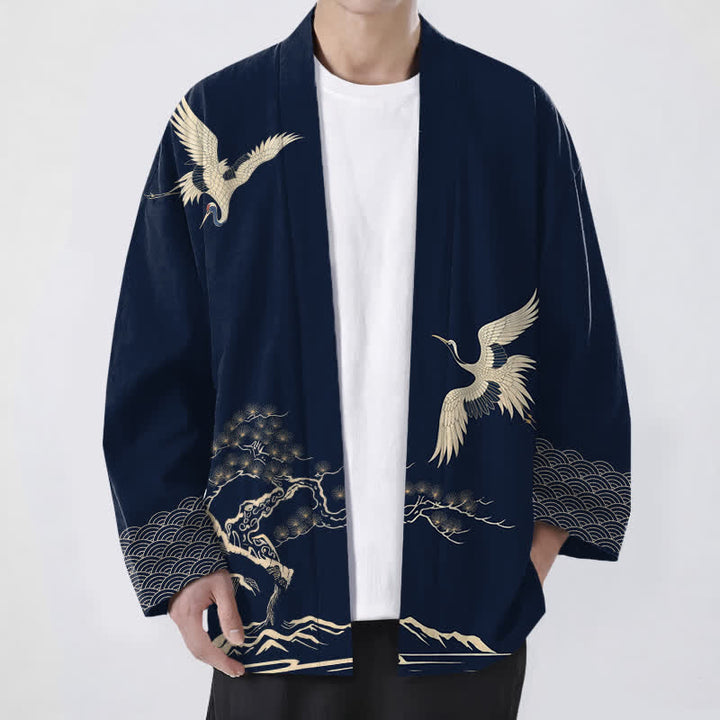 Buddha Stones Kimono de hombre con frente abierto y estampado de paisaje de pinos y grullas de algodón. - Marina de guerra - US/UK/AU48, UE58 (4XL) - image 6