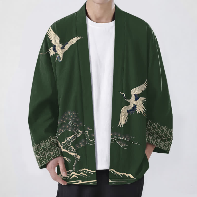 Buddha Stones Kimono de hombre con frente abierto y estampado de paisaje de pinos y grullas de algodón. - Verde oscuro - US/UK/AU48, UE58 (4XL) - image 9