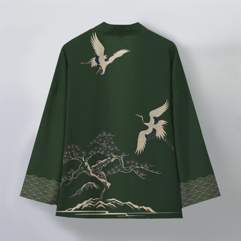 Buddha Stones Kimono de hombre con frente abierto y estampado de paisaje de pinos y grullas de algodón. - image 11