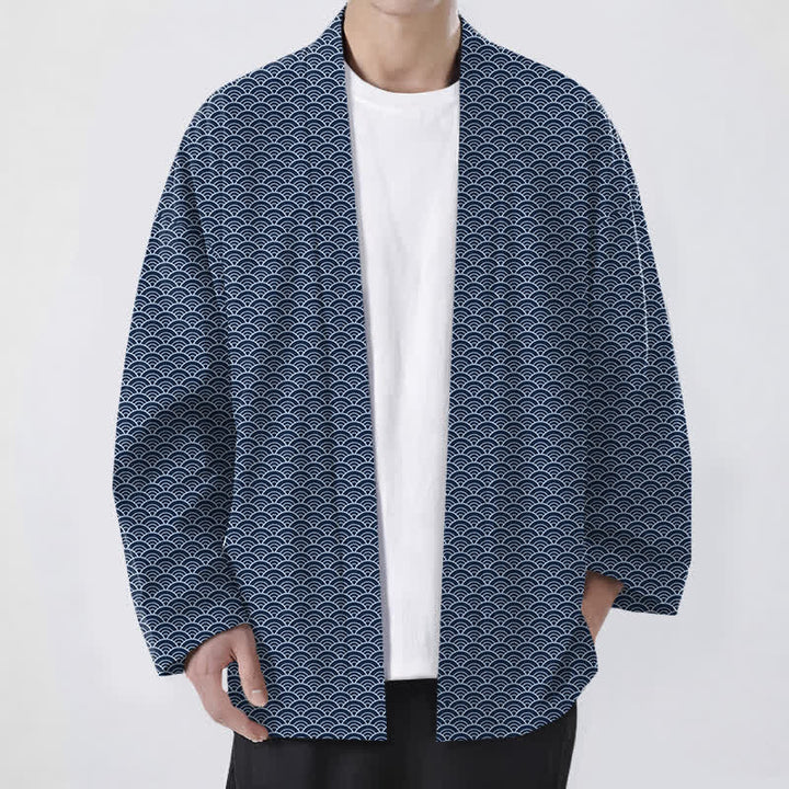 Buddha Stones Kimono de algodón japonés con estampado de olas oceánicas y frente abierto para hombre. - Marina de guerra - US/UK/AU48, UE58 (4XL) - image 0