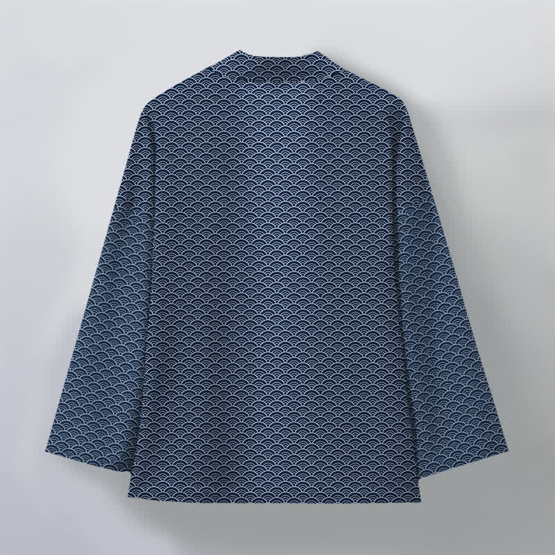 Buddha Stones Kimono de algodón japonés con estampado de olas oceánicas y frente abierto para hombre. - image 2