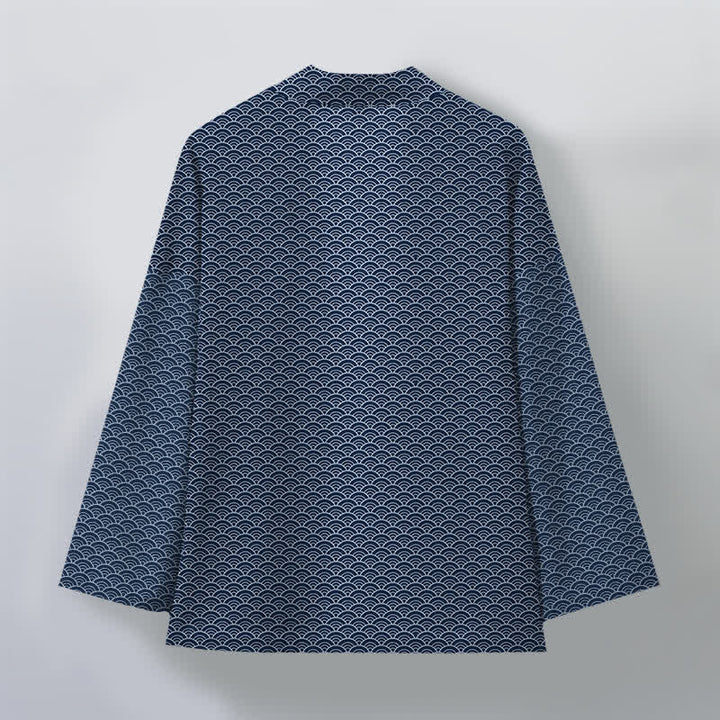 Buddha Stones Kimono de algodón japonés con estampado de olas oceánicas y frente abierto para hombre. - image 2