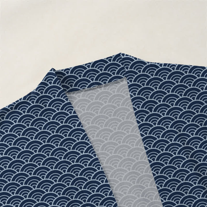 Buddha Stones Kimono de algodón japonés con estampado de olas oceánicas y frente abierto para hombre. - image 3
