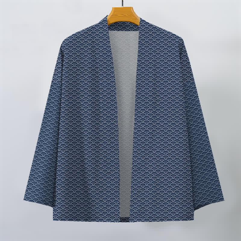Buddha Stones Kimono de algodón japonés con estampado de olas oceánicas y frente abierto para hombre. - image 1