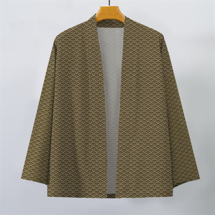 Buddha Stones Kimono de algodón japonés con estampado de olas oceánicas y frente abierto para hombre. - image 7