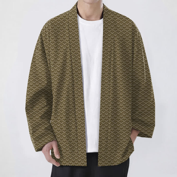 Buddha Stones Kimono de algodón japonés con estampado de olas oceánicas y frente abierto para hombre. - Vara de oro oscura - US/UK/AU48, UE58 (4XL) - image 6