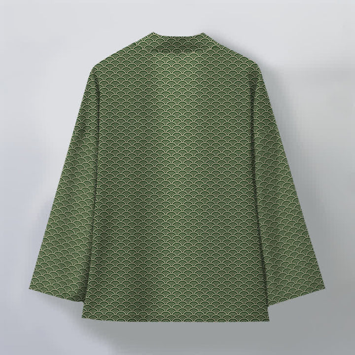 Buddha Stones Kimono de algodón japonés con estampado de olas oceánicas y frente abierto para hombre. - image 11