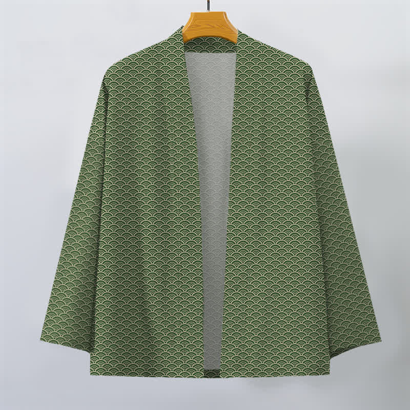 Buddha Stones Kimono de algodón japonés con estampado de olas oceánicas y frente abierto para hombre. - image 10
