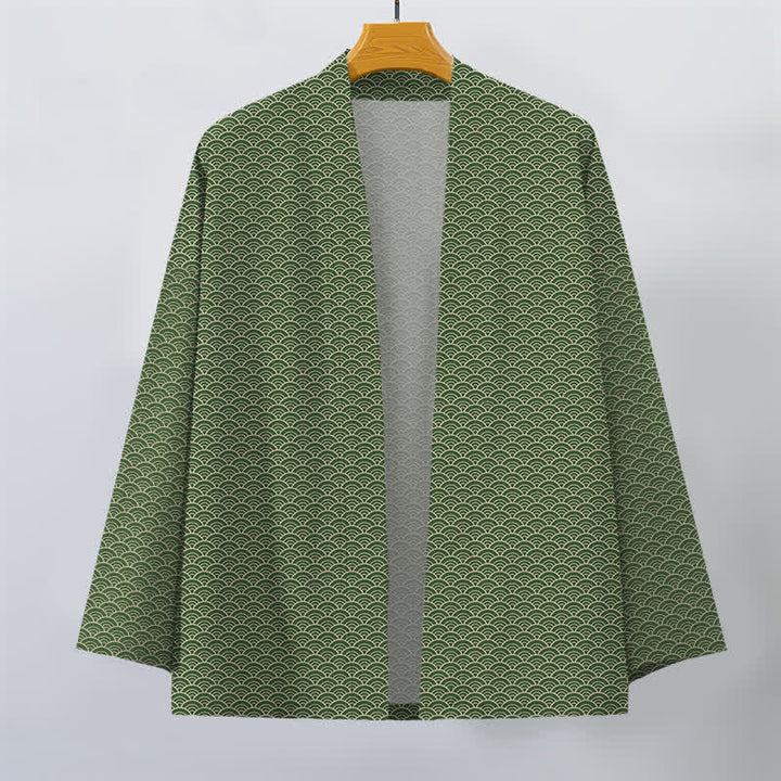 Buddha Stones Kimono de algodón japonés con estampado de olas oceánicas y frente abierto para hombre. - image 10