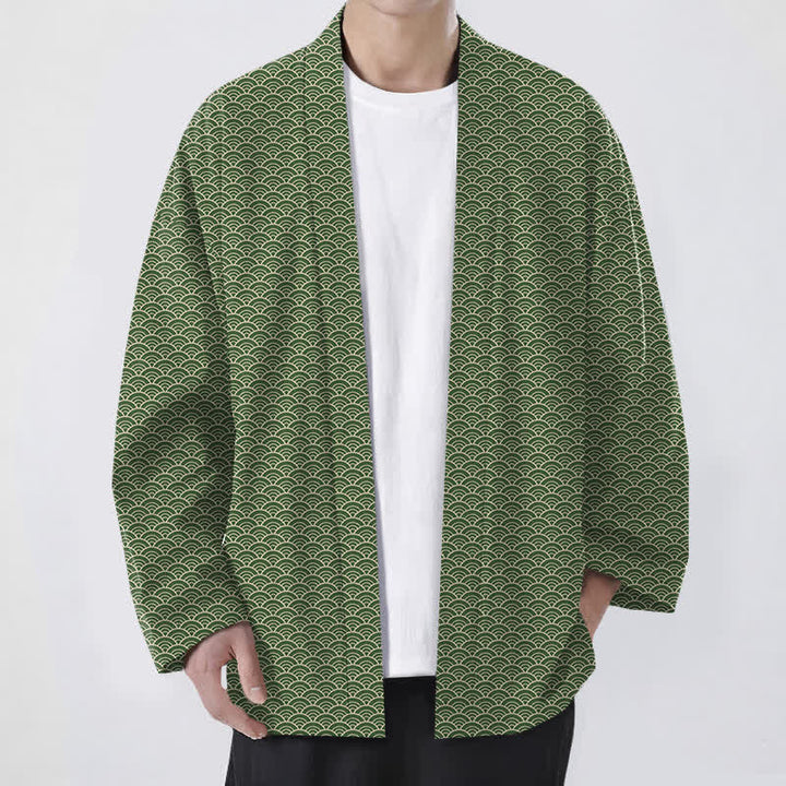Buddha Stones Kimono de algodón japonés con estampado de olas oceánicas y frente abierto para hombre. - Verde oliva - US/UK/AU48, UE58 (4XL) - image 9