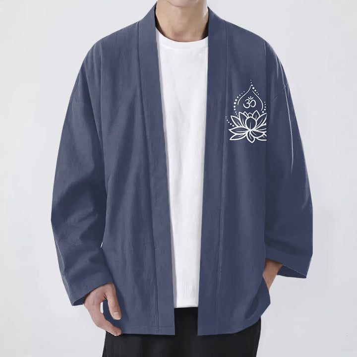 Buddha Stones Kimono de hombre con frente abierto y estampado de loto Om de algodón - Gris pizarra - US/UK/AU48, UE58 (4XL) - image 0