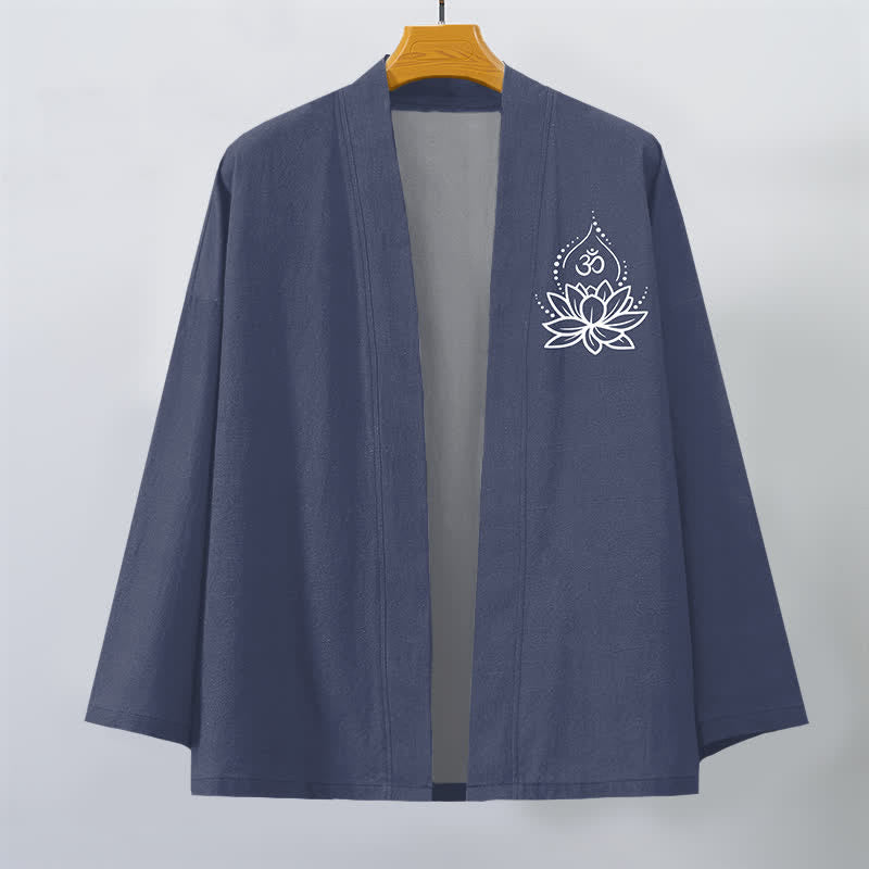 Buddha Stones Kimono de hombre con frente abierto y estampado de loto Om de algodón - image 1