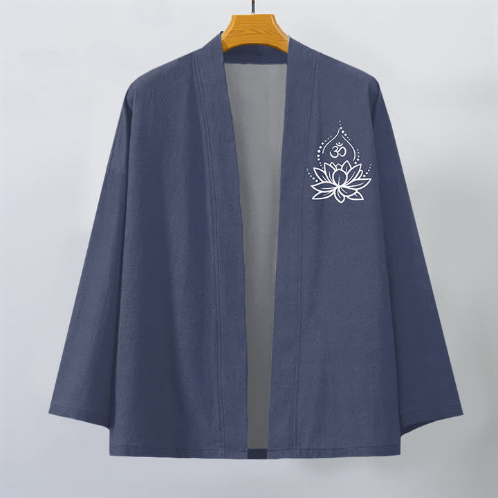 Buddha Stones Kimono de hombre con frente abierto y estampado de loto Om de algodón - image 1