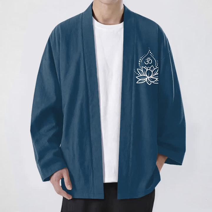 Buddha Stones Kimono de hombre con frente abierto y estampado de loto Om de algodón - Azul acero - US/UK/AU48, UE58 (4XL) - image 6