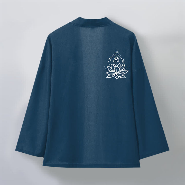 Buddha Stones Kimono de hombre con frente abierto y estampado de loto Om de algodón - image 8